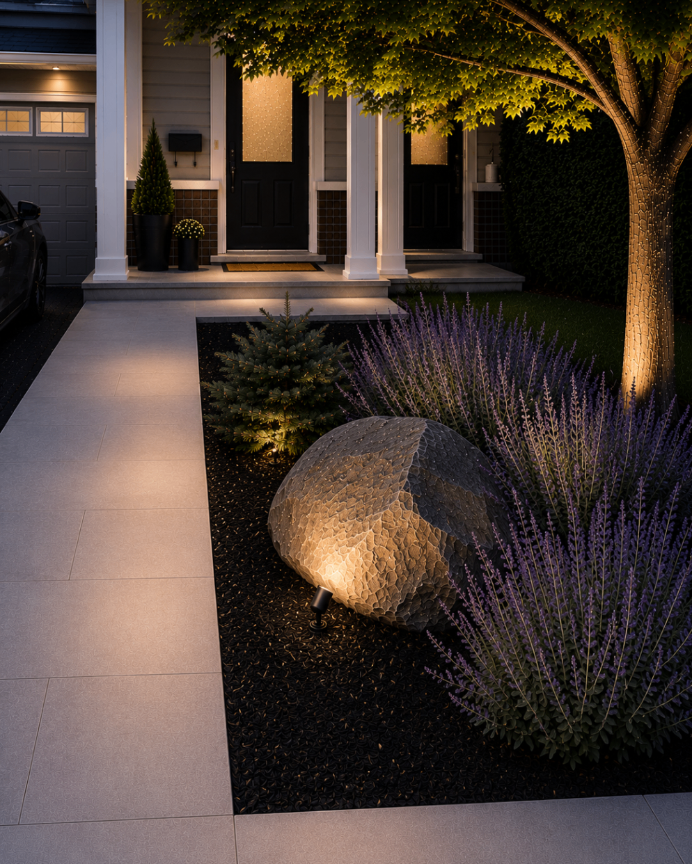 Front entry landscape lighting at dusk