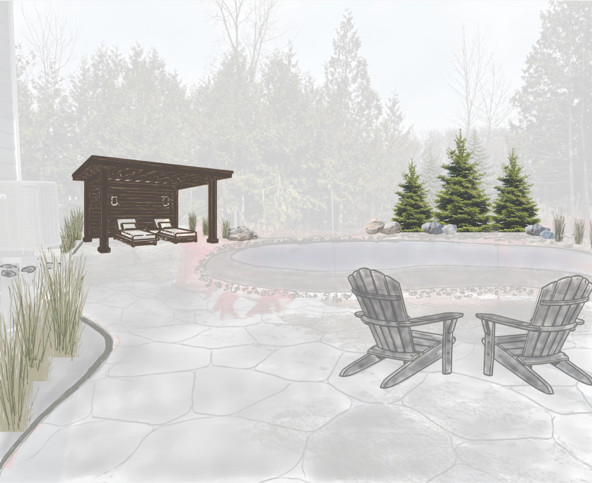 Hand-drawn landscape planting plan on a wooden desk